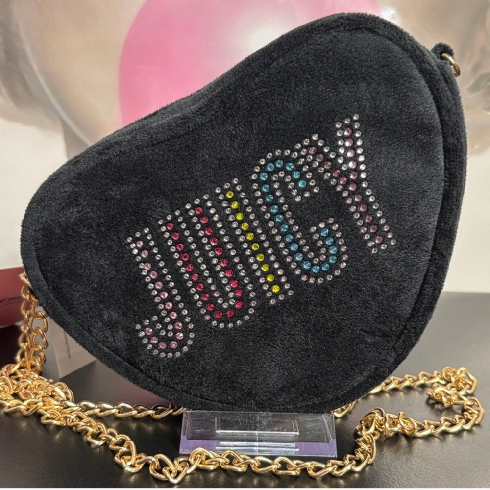 NWT Juicy Couture Black Heart Bag w/ Gold Chain & Rainbow Rhinestone Logo